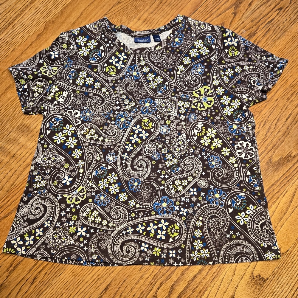 Gloria Vanderbilt Women's Brown Paisley Short Sleeve Pullover Round Neck
